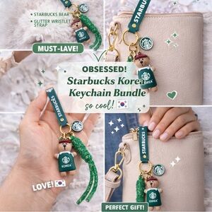 Starbucks Korea Bear Keychain Bundle Green Glitter Wristlet Cute Bag Charm